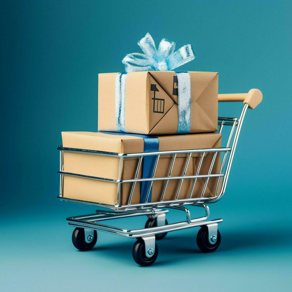 Composition of shopping cart or trolley with gift boxes or bags. Cyber monday sales or shopping day concept by AI Generated photo