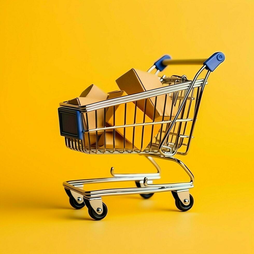 Composition of shopping cart or trolley with gift boxes or bags. Cyber monday sales or shopping day concept by AI Generated photo