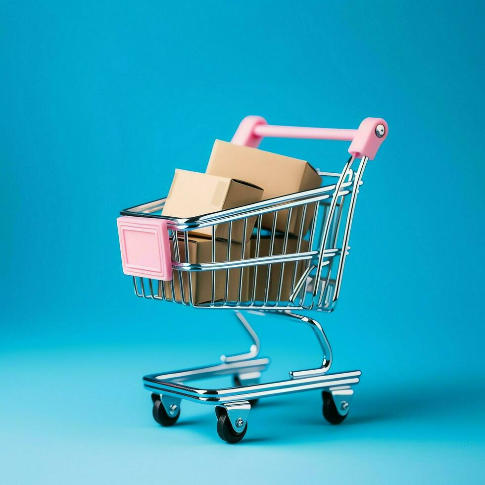 Composition of shopping cart or trolley with gift boxes or bags. Cyber monday sales or shopping day concept by AI Generated photo