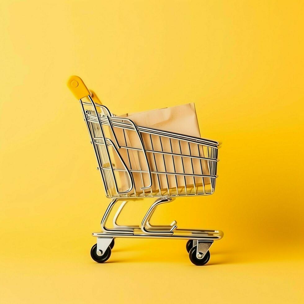 Composition of shopping cart or trolley with gift boxes or bags. Cyber monday sales or shopping day concept by AI Generated photo