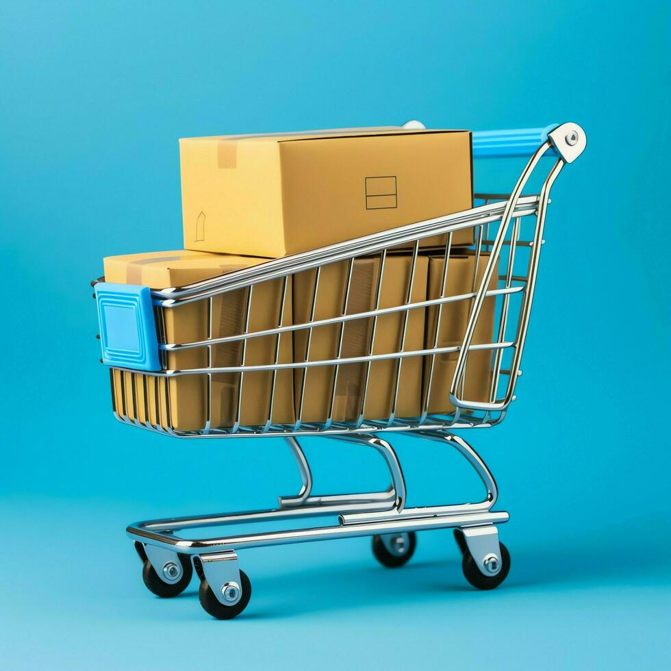 Composition of shopping cart or trolley with gift boxes or bags. Cyber monday sales or shopping day concept by AI Generated photo