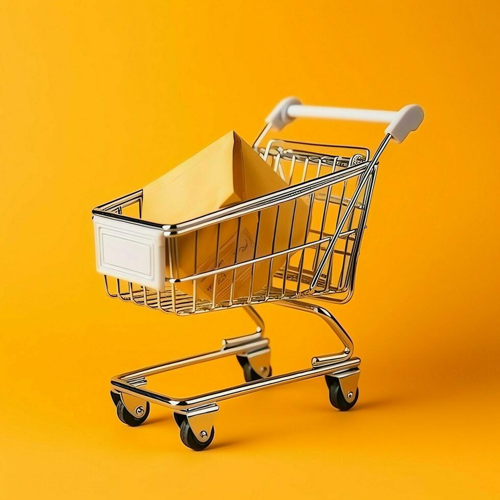 Composition of shopping cart or trolley with gift boxes or bags. Cyber monday sales or shopping day concept by AI Generated photo