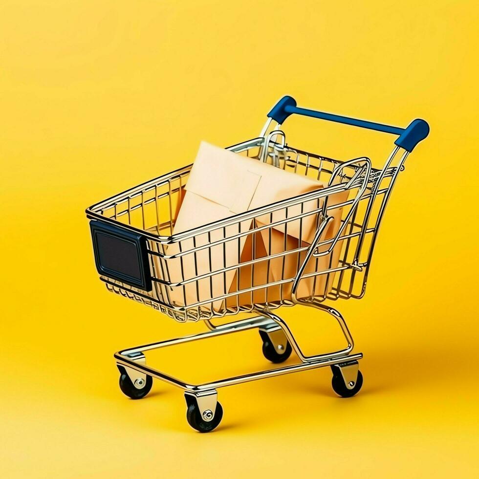 Composition of shopping cart or trolley with gift boxes or bags. Cyber monday sales or shopping day concept by AI Generated photo