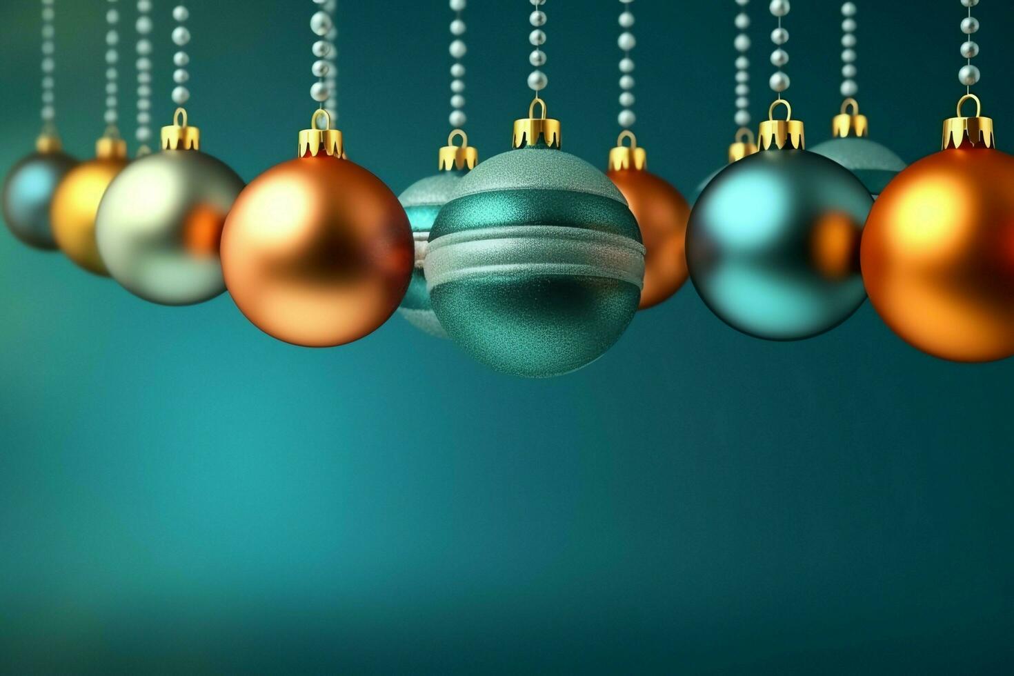 Christmas background with christmas balls ornaments hanging with copy space. Christmas decoration concept by AI Generated photo