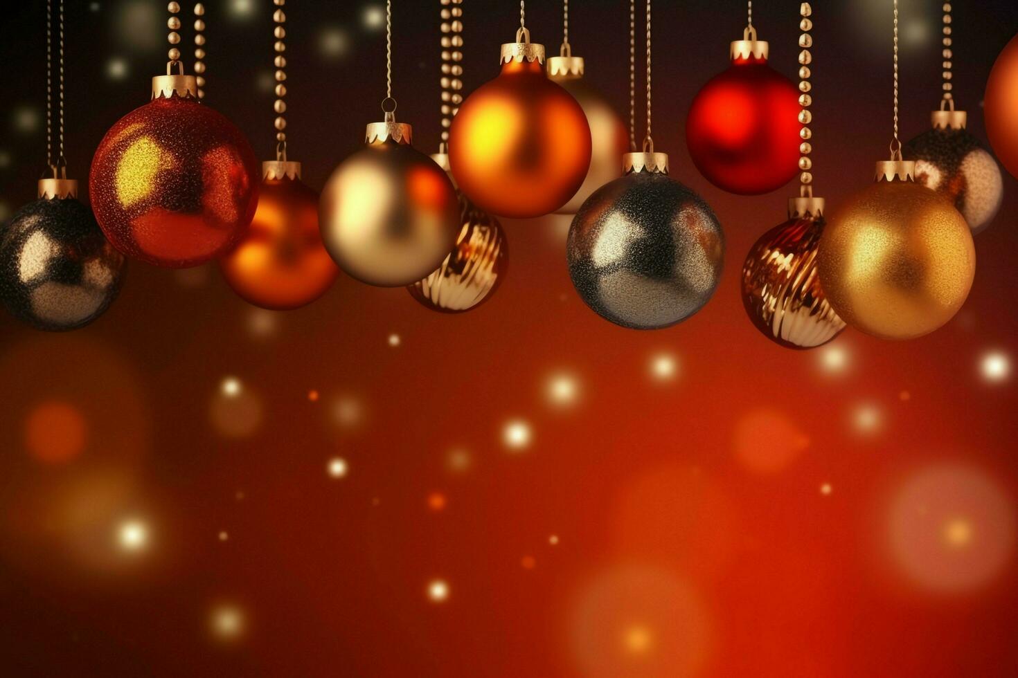 Christmas background with christmas balls ornaments hanging with copy space. Christmas decoration concept by AI Generated photo