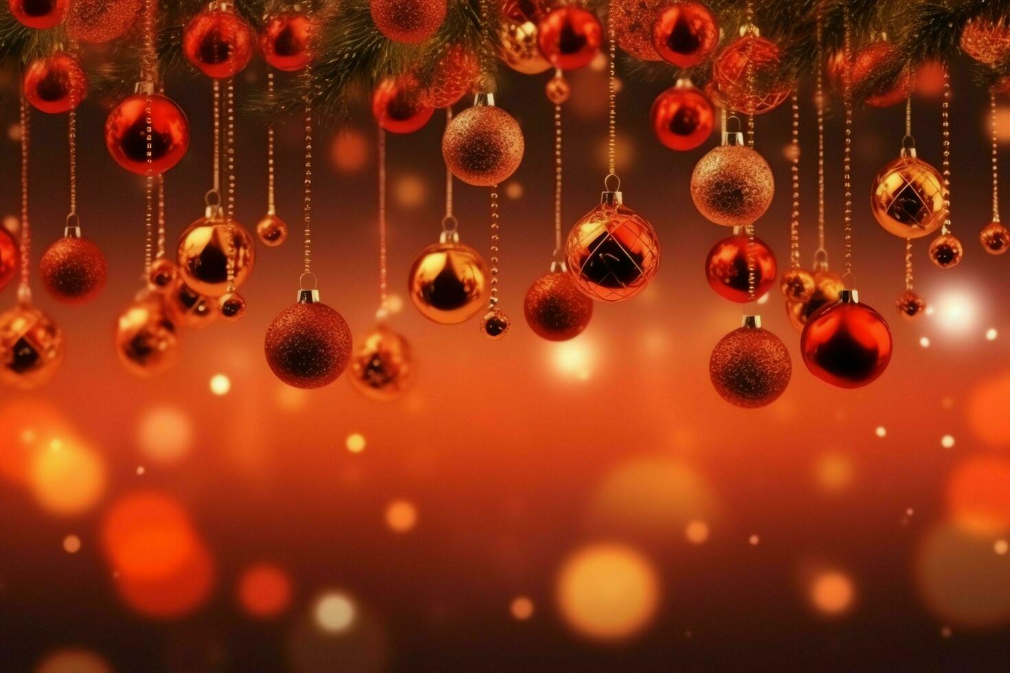 Christmas background with christmas balls ornaments hanging with copy space. Christmas decoration concept by AI Generated photo