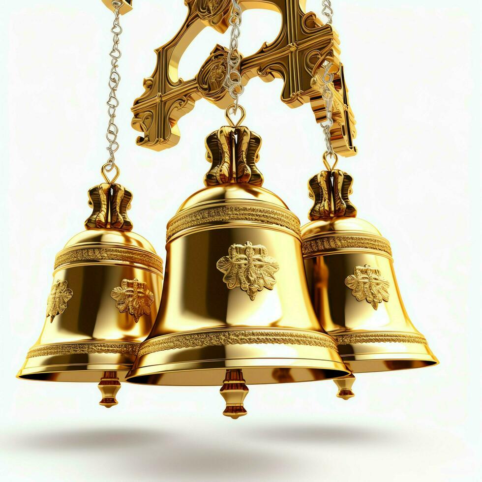 Decorative christmas ornament with christmas golden bells or jingle bells. Christmas decoration concept by AI Generated photo