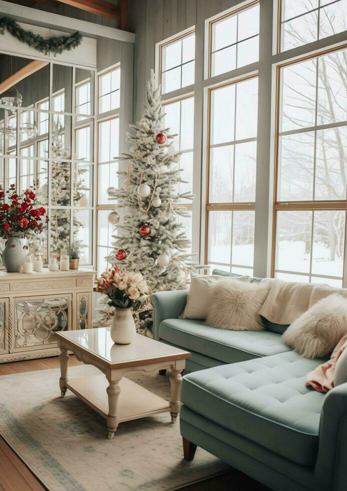 Cosy living room with beautiful christmas tree and red gifts in modern interior. Interior of living room decorated for merry christmas with socks, gift boxes and christmas accessories by AI Generated photo