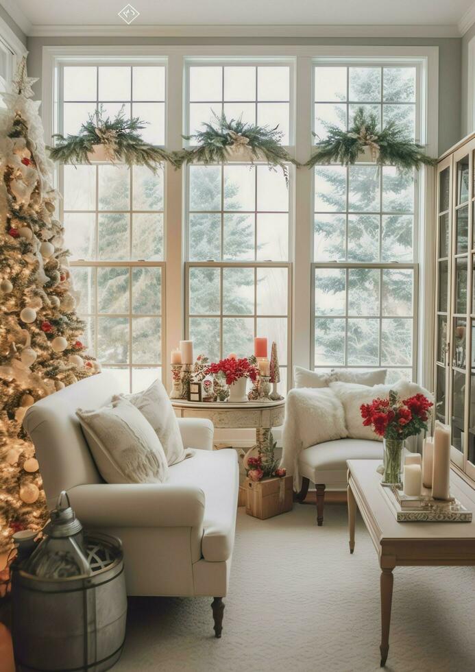 Cosy living room with beautiful christmas tree and red gifts in modern interior. Interior of living room decorated for merry christmas with socks, gift boxes and christmas accessories by AI Generated photo