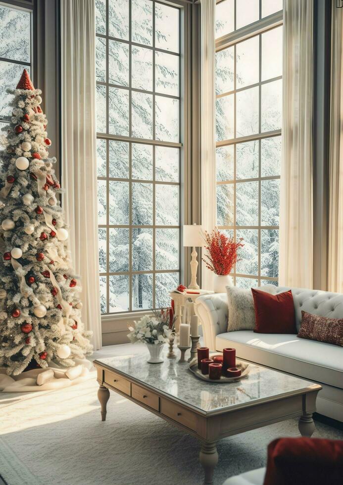 Cosy living room with beautiful christmas tree and red gifts in modern interior. Interior of living room decorated for merry christmas with socks, gift boxes and christmas accessories by AI Generated photo