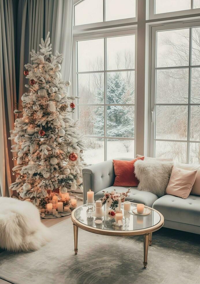 Cosy living room with beautiful christmas tree and red gifts in modern interior. Interior of living room decorated for merry christmas with socks, gift boxes and christmas accessories by AI Generated photo