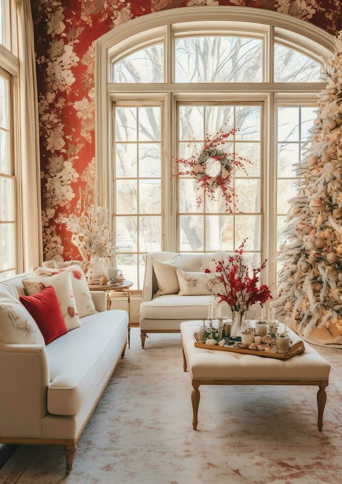 Cosy living room with beautiful christmas tree and red gifts in modern interior. Interior of living room decorated for merry christmas with socks, gift boxes and christmas accessories by AI Generated photo