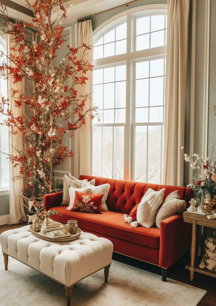 Cosy living room with beautiful christmas tree and red gifts in modern interior. Interior of living room decorated for merry christmas with socks, gift boxes and christmas accessories by AI Generated photo