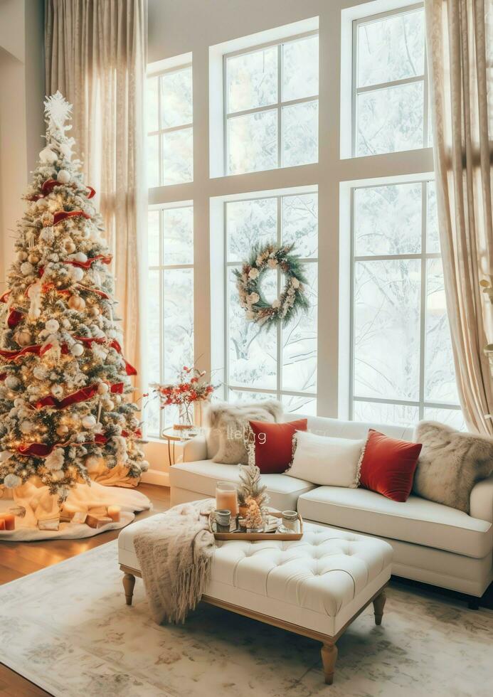 Cosy living room with beautiful christmas tree and red gifts in modern interior. Interior of living room decorated for merry christmas with socks, gift boxes and christmas accessories by AI Generated photo