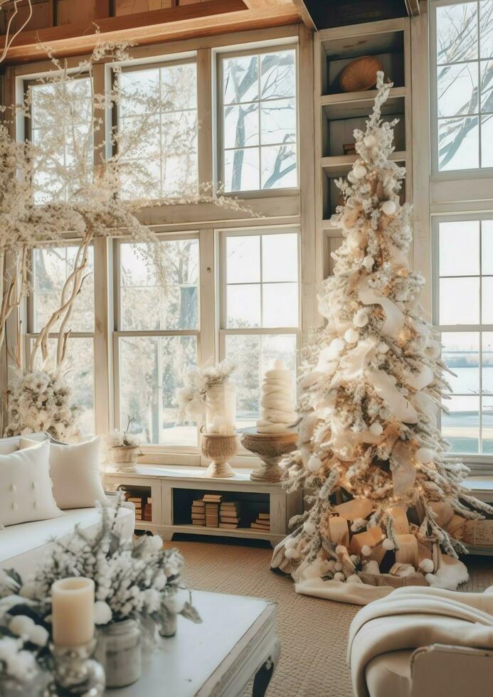 Cosy living room with beautiful christmas tree and red gifts in modern interior. Interior of living room decorated for merry christmas with socks, gift boxes and christmas accessories by AI Generated photo