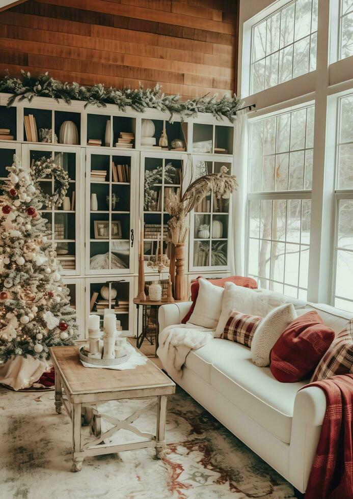 Cosy living room with beautiful christmas tree and red gifts in modern interior. Interior of living room decorated for merry christmas with socks, gift boxes and christmas accessories by AI Generated photo