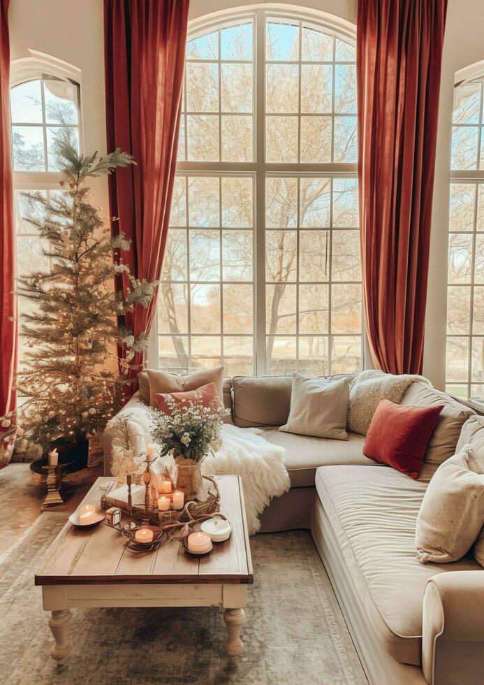 Cosy living room with beautiful christmas tree and red gifts in modern interior. Interior of living room decorated for merry christmas with socks, gift boxes and christmas accessories by AI Generated photo