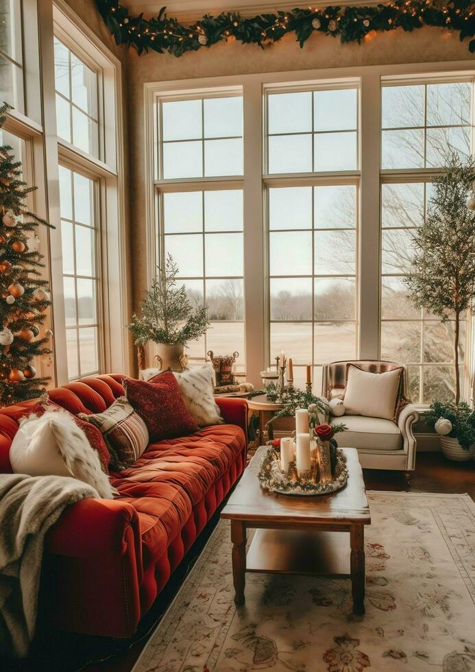 Cosy living room with beautiful christmas tree and red gifts in modern interior. Interior of living room decorated for merry christmas with socks, gift boxes and christmas accessories by AI Generated photo