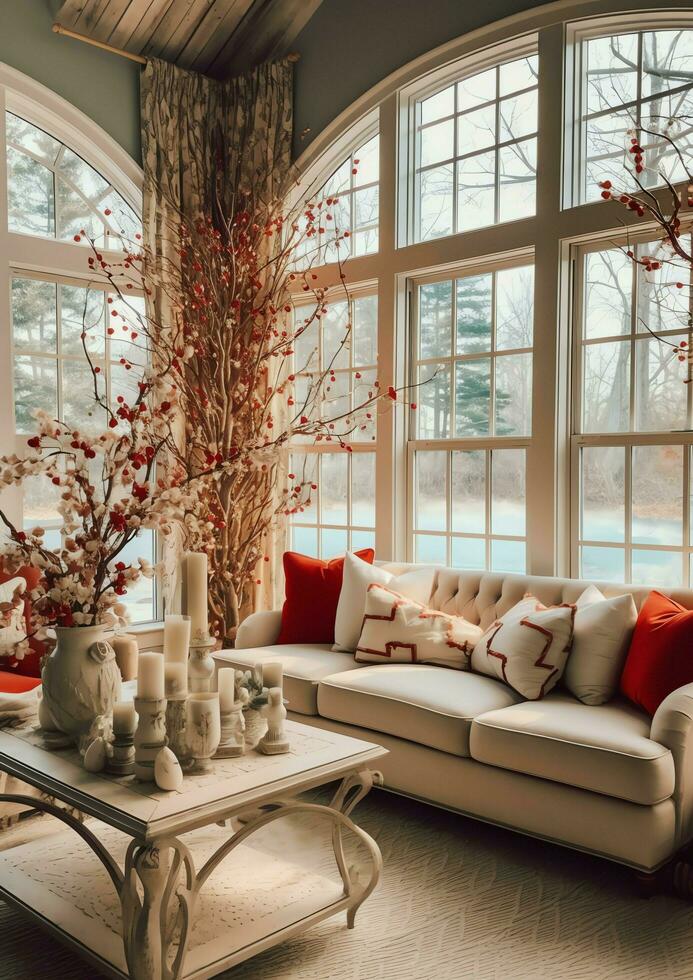 Cosy living room with beautiful christmas tree and red gifts in modern interior. Interior of living room decorated for merry christmas with socks, gift boxes and christmas accessories by AI Generated photo