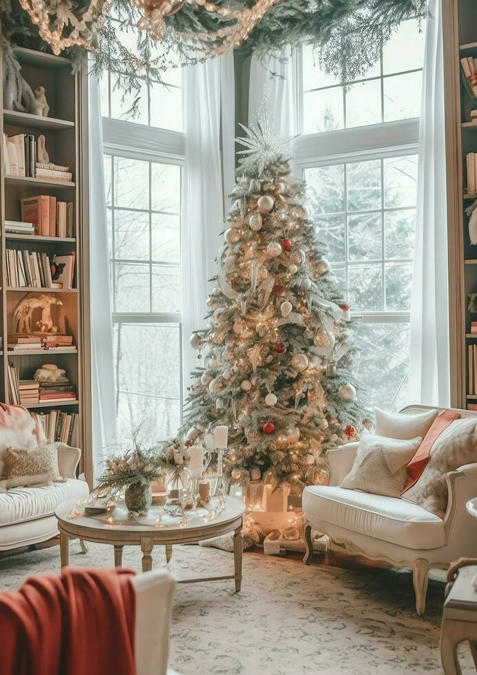 Cosy living room with beautiful christmas tree and red gifts in modern interior. Interior of living room decorated for merry christmas with socks, gift boxes and christmas accessories by AI Generated photo