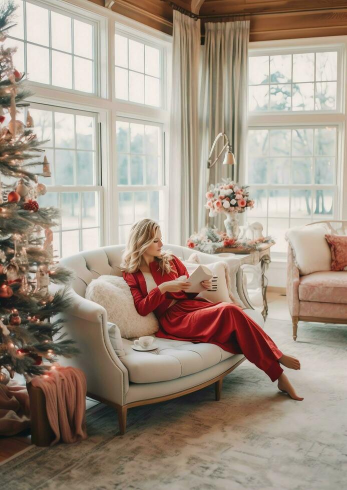 Cosy living room with beautiful christmas tree and red gifts in modern interior. Interior of living room decorated for merry christmas with socks, gift boxes and christmas accessories by AI Generated photo