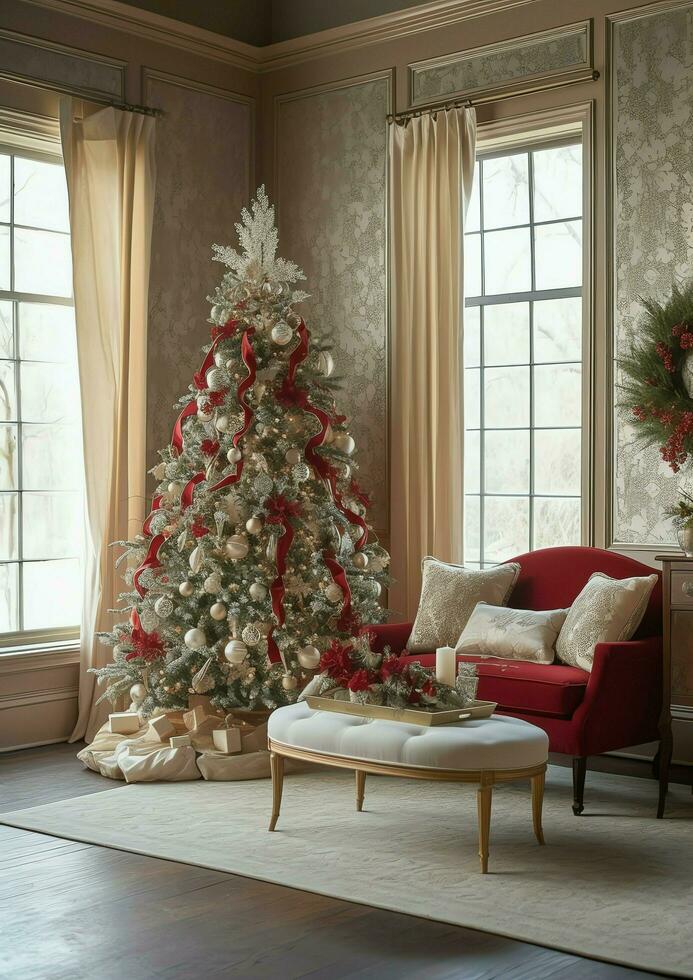 Cosy living room with beautiful christmas tree and red gifts in modern interior. Interior of living room decorated for merry christmas with socks, gift boxes and christmas accessories by AI Generated photo