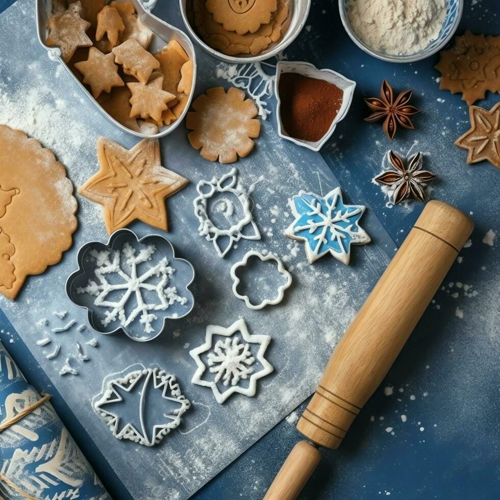 Flat lay of cooking homemade christmas baking ingredients or gingerbread cookies placed on table concept by AI Generated photo