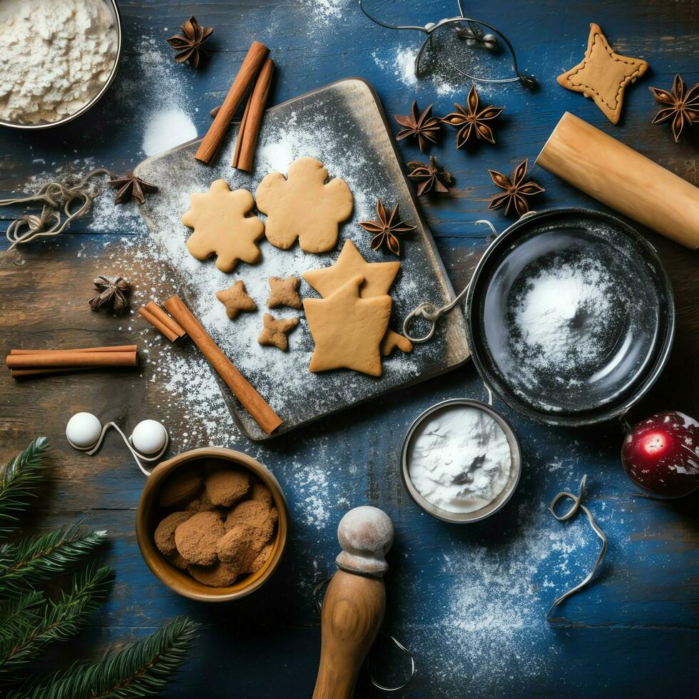 Flat lay of cooking homemade christmas baking ingredients or gingerbread cookies placed on table concept by AI Generated photo