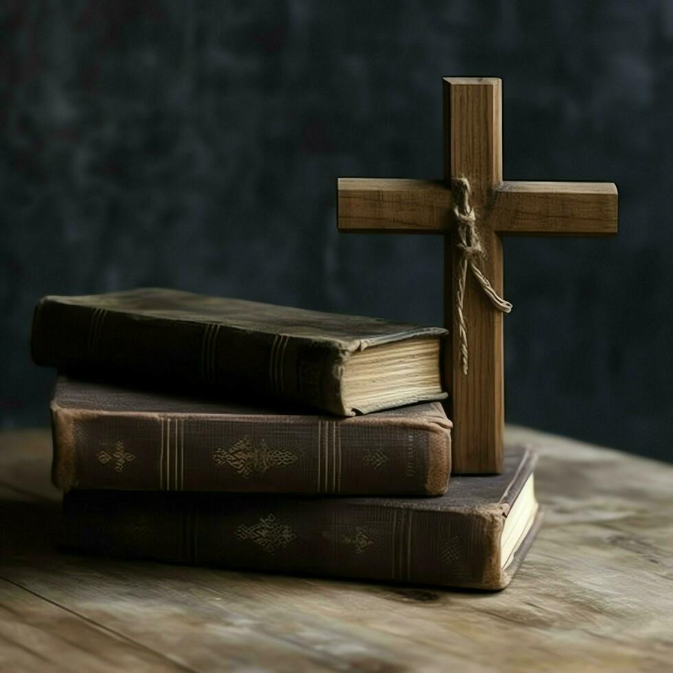 Close up of a holy bible and christian cross on wooden table. Happy good friday or religion concept by AI Generated photo