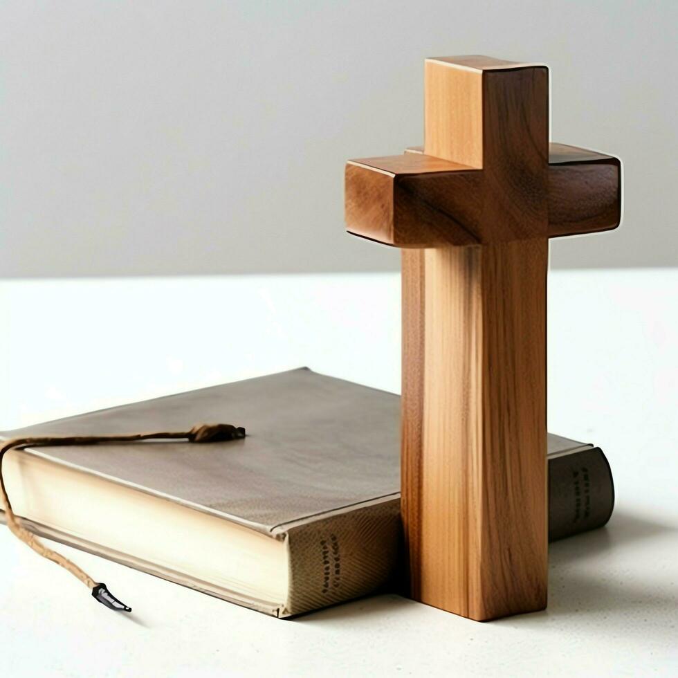 cerca arriba de un santo Biblia y cristiano cruzar en de madera mesa. contento bueno viernes o religión concepto por ai generado foto