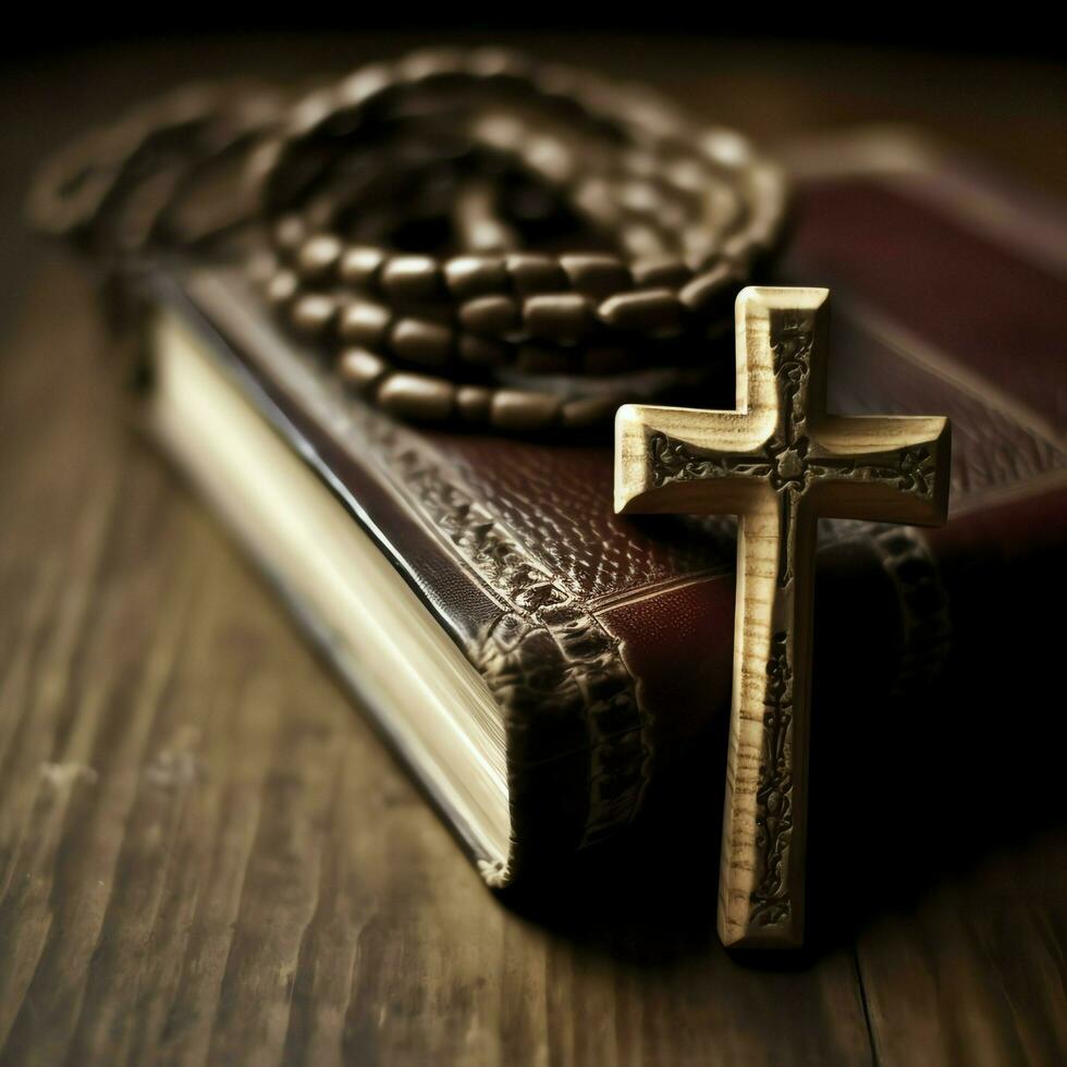 Close up of a holy bible and christian cross on wooden table. Happy good friday or religion concept by AI Generated photo