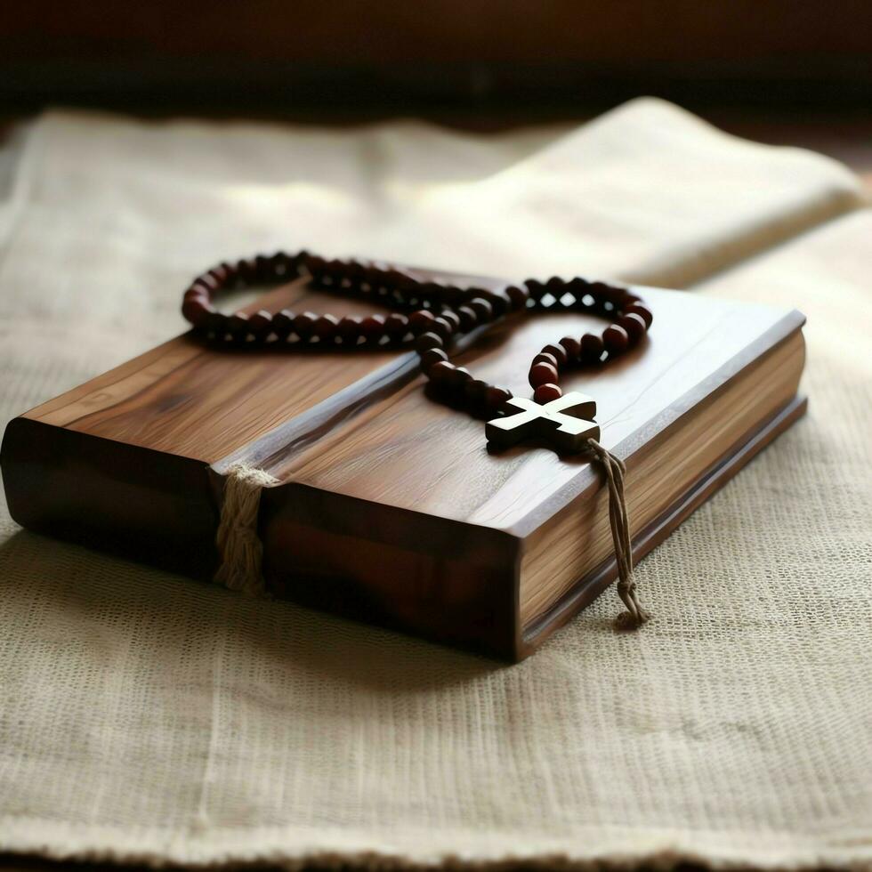 Close up of a holy bible and christian cross on wooden table. Happy good friday or religion concept by AI Generated photo