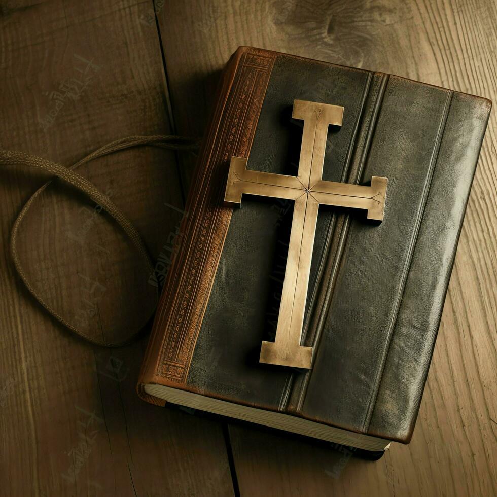 Close up of a holy bible and christian cross on wooden table. Happy good friday or religion concept by AI Generated photo