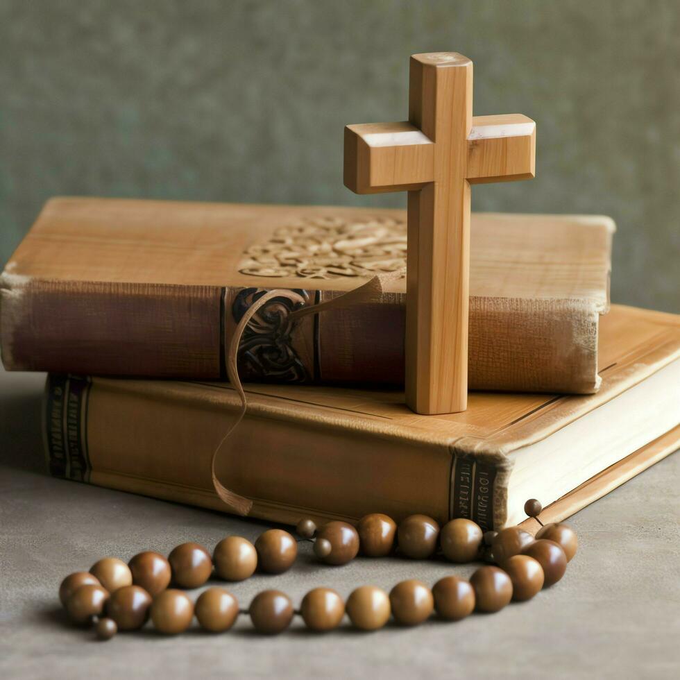 Close up of a holy bible and christian cross on wooden table. Happy good friday or religion concept by AI Generated photo