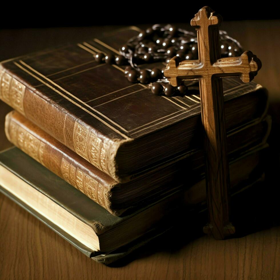 Close up of a holy bible and christian cross on wooden table. Happy good friday or religion concept by AI Generated photo