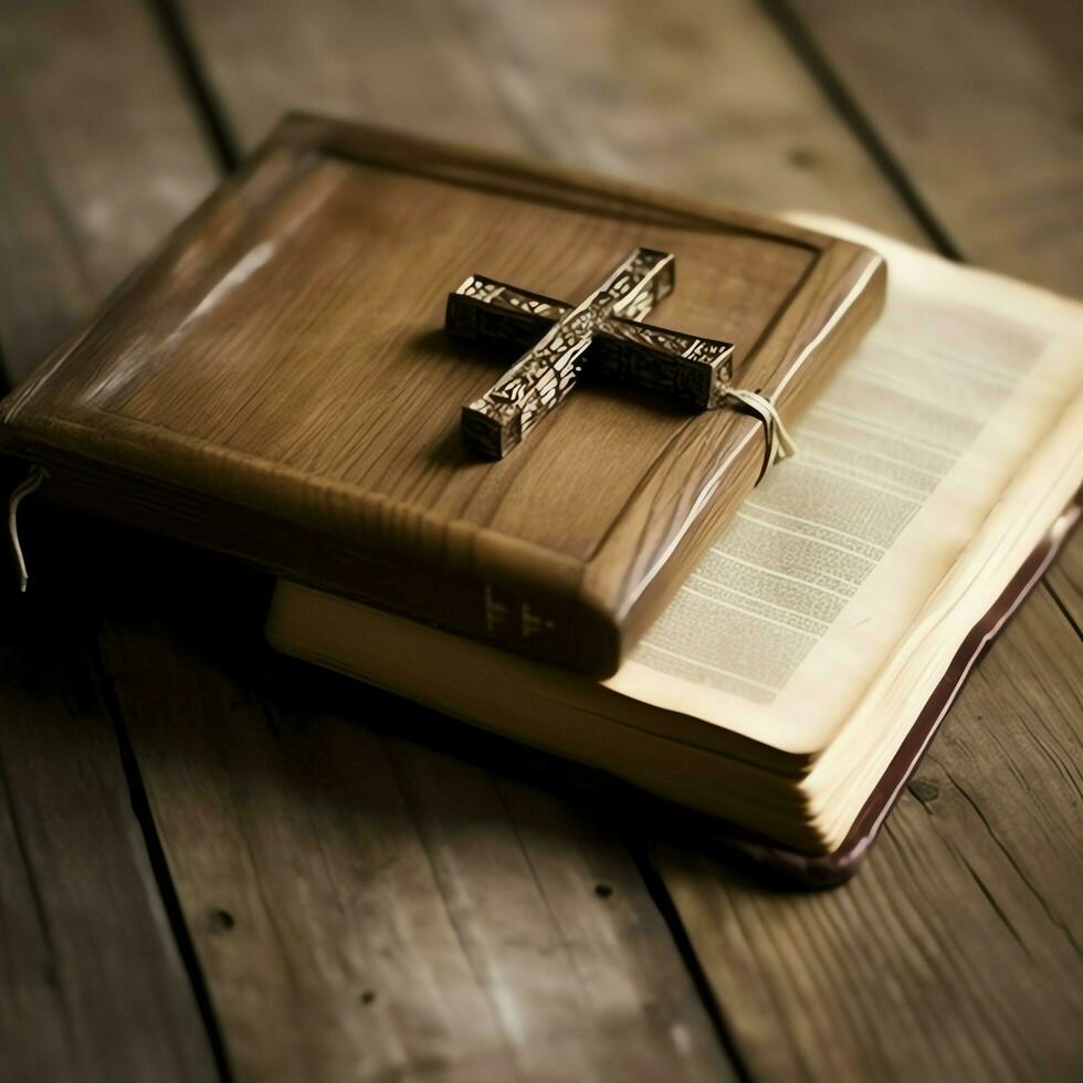 cerca arriba de un santo Biblia y cristiano cruzar en de madera mesa. contento bueno viernes o religión concepto por ai generado foto