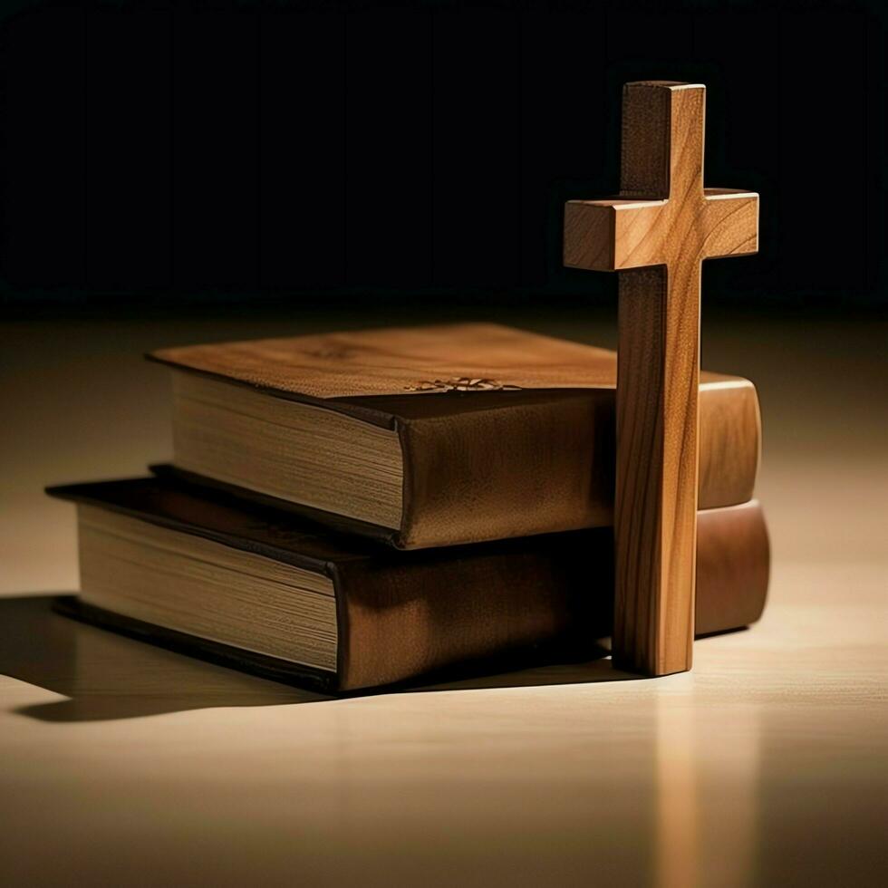 Close up of a holy bible and christian cross on wooden table. Happy good friday or religion concept by AI Generated photo