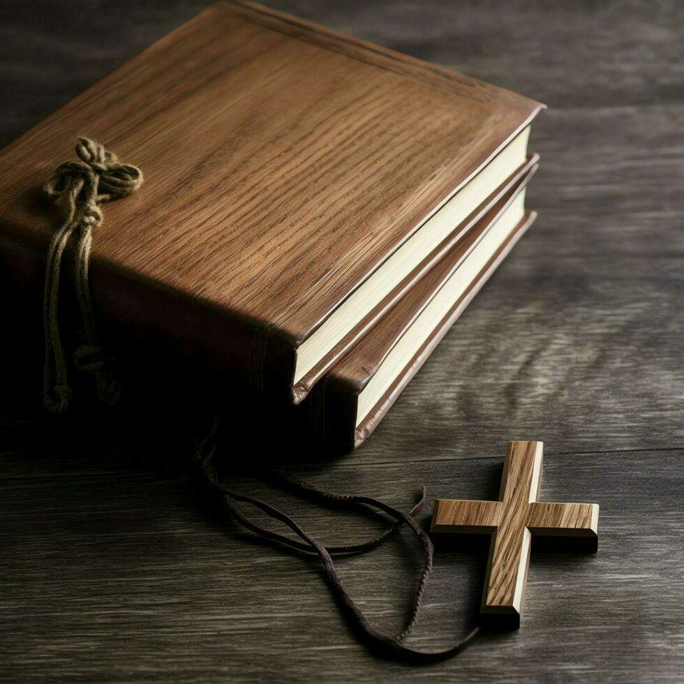 Close up of a holy bible and christian cross on wooden table. Happy good friday or religion concept by AI Generated photo