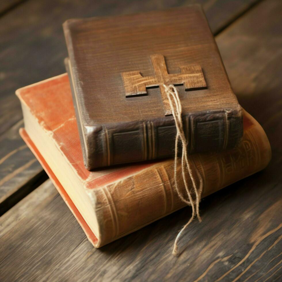 Close up of a holy bible and christian cross on wooden table. Happy good friday or religion concept by AI Generated photo