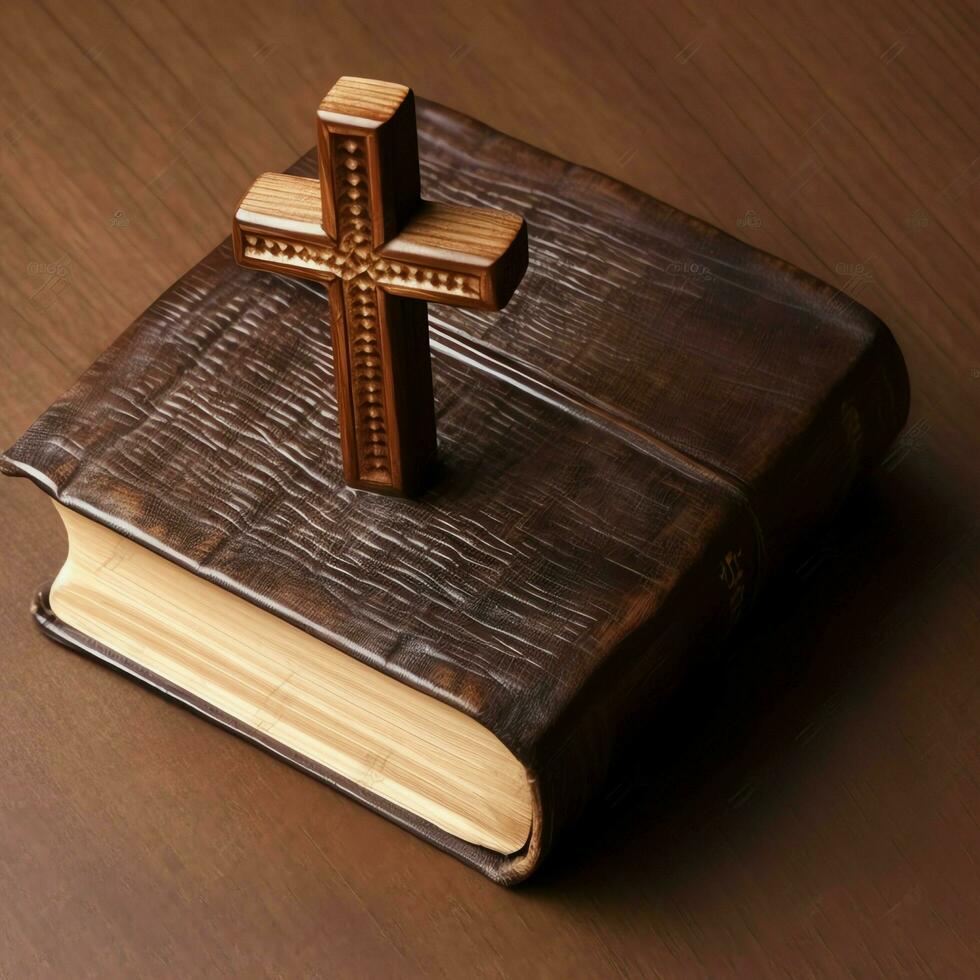 Close up of a holy bible and christian cross on wooden table. Happy good friday or religion concept by AI Generated photo