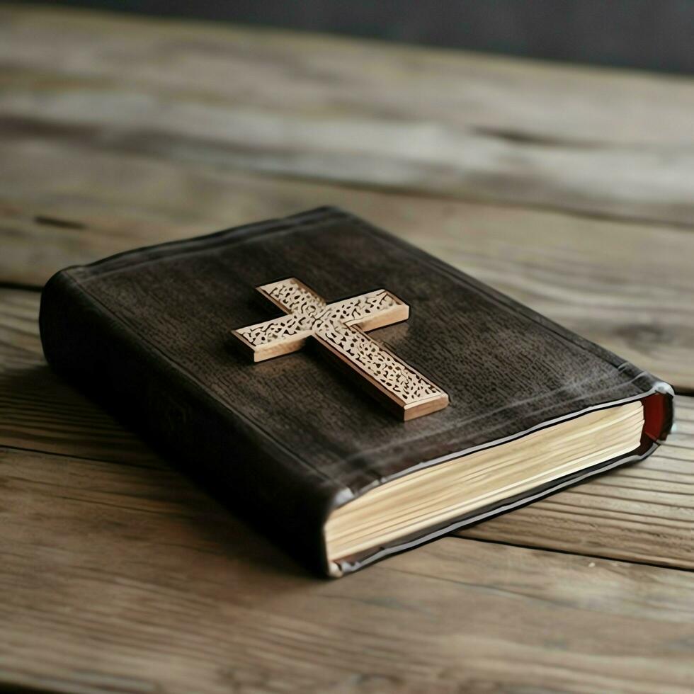 Close up of a holy bible and christian cross on wooden table. Happy good friday or religion concept by AI Generated photo