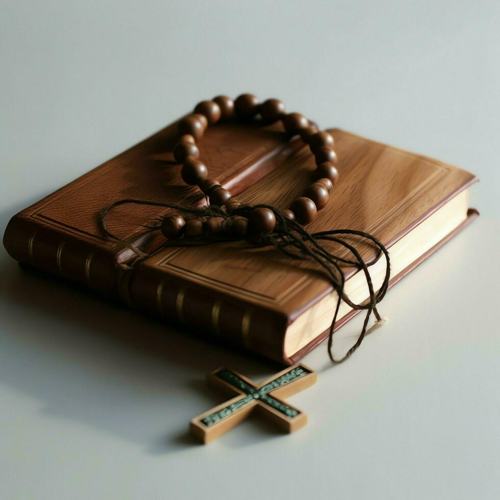 Close up of a holy bible and christian cross on wooden table. Happy good friday or religion concept by AI Generated photo