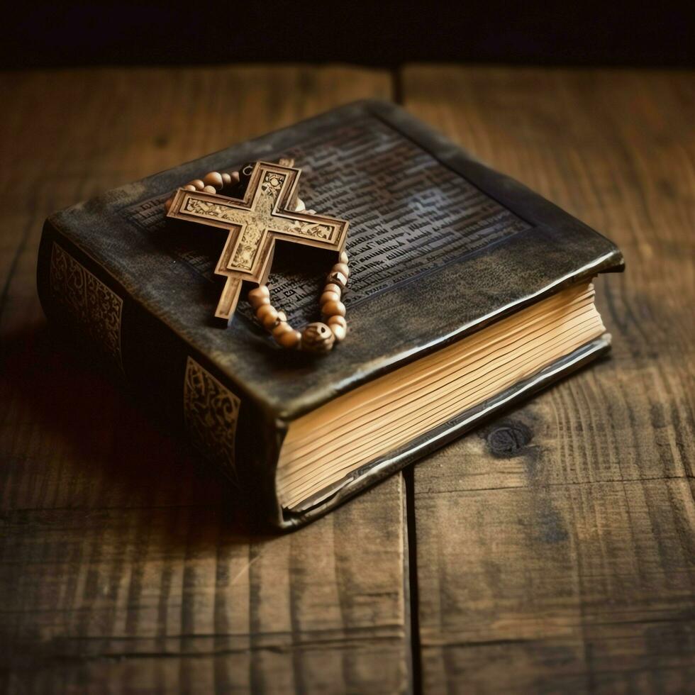 Close up of a holy bible and christian cross on wooden table. Happy good friday or religion concept by AI Generated photo