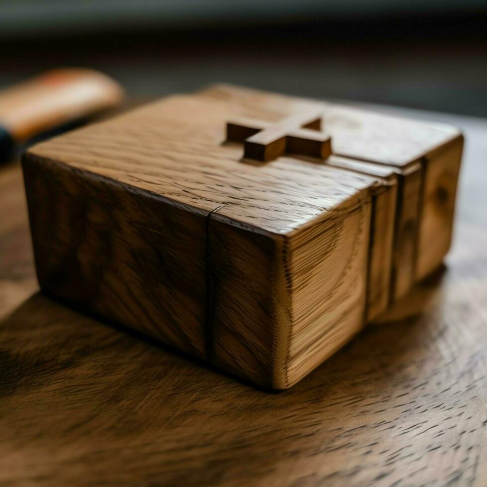 Close up of a holy bible and christian cross on wooden table. Happy good friday or religion concept by AI Generated photo