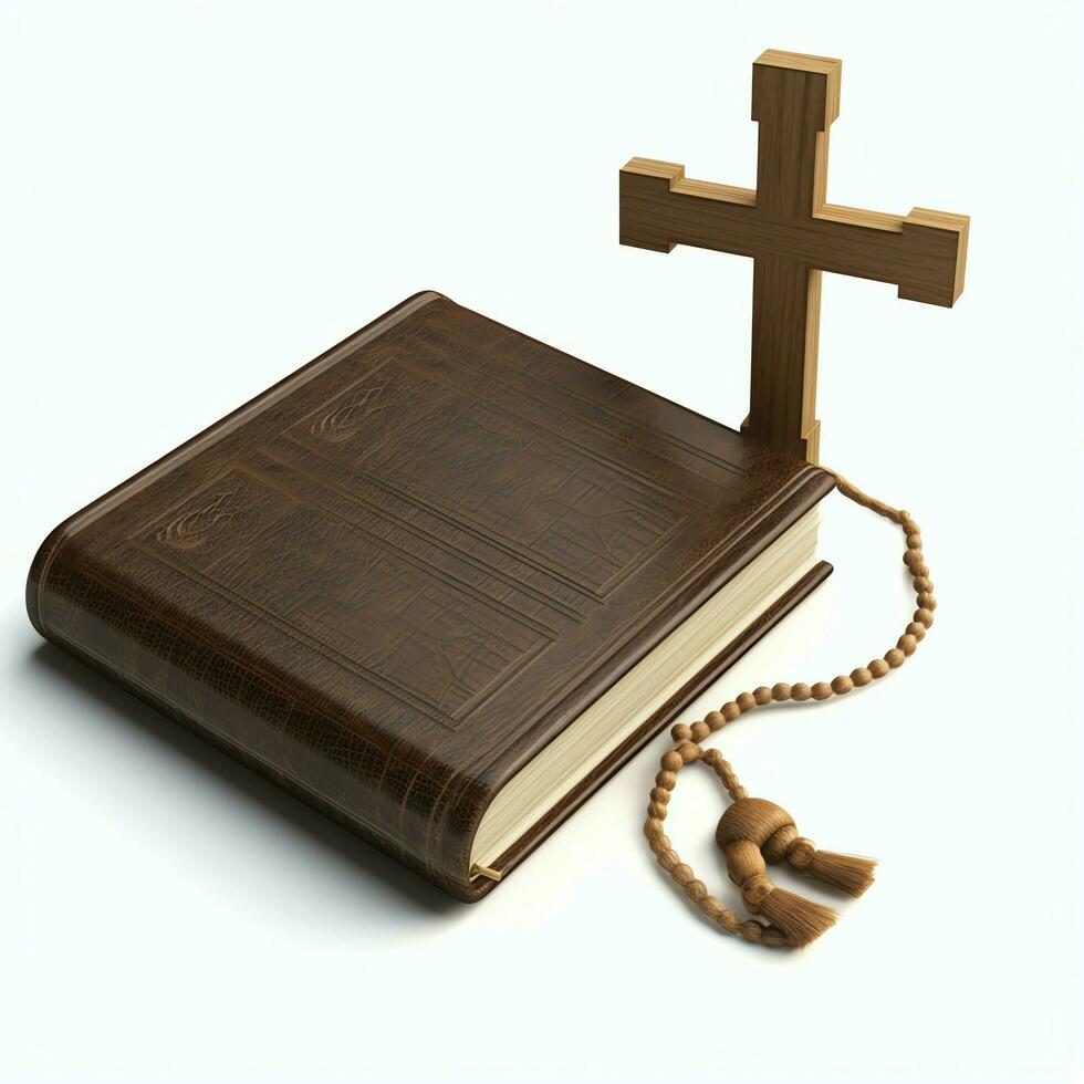 Close up of a holy bible and christian cross on wooden table. Happy good friday or religion concept by AI Generated photo