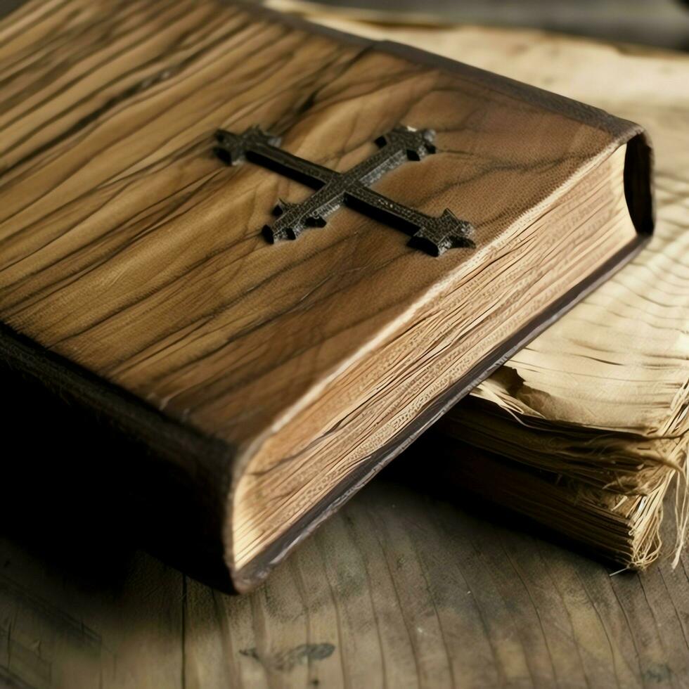 Close up of a holy bible and christian cross on wooden table. Happy good friday or religion concept by AI Generated photo