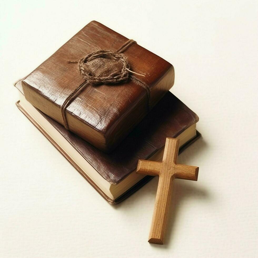 Close up of a holy bible and christian cross on wooden table. Happy good friday or religion concept by AI Generated photo