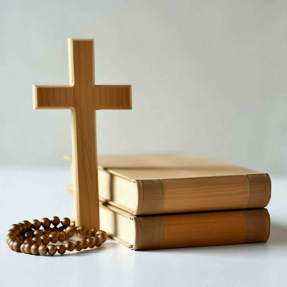 Close up of a holy bible and christian cross on wooden table. Happy good friday or religion concept by AI Generated photo