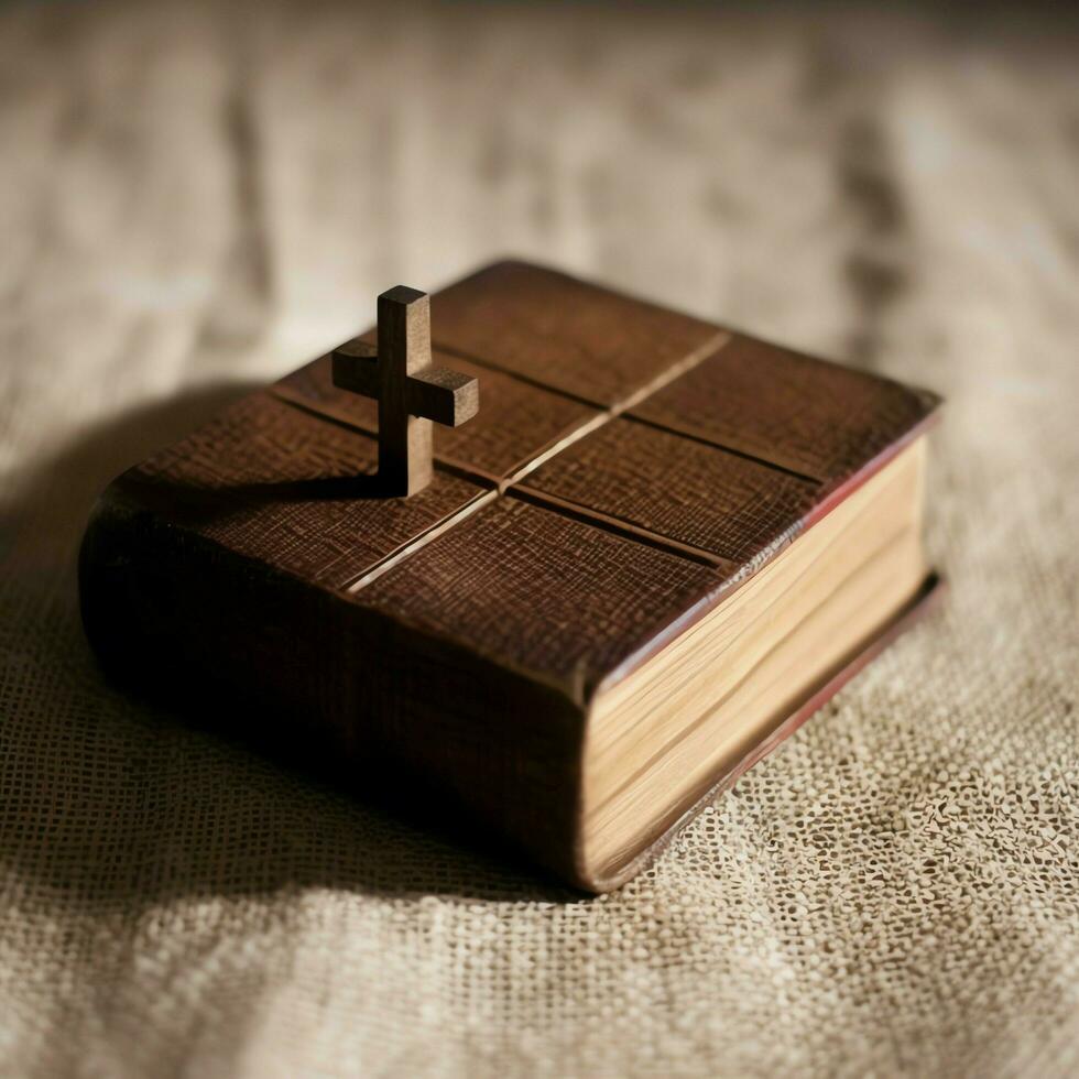 Close up of a holy bible and christian cross on wooden table. Happy good friday or religion concept by AI Generated photo