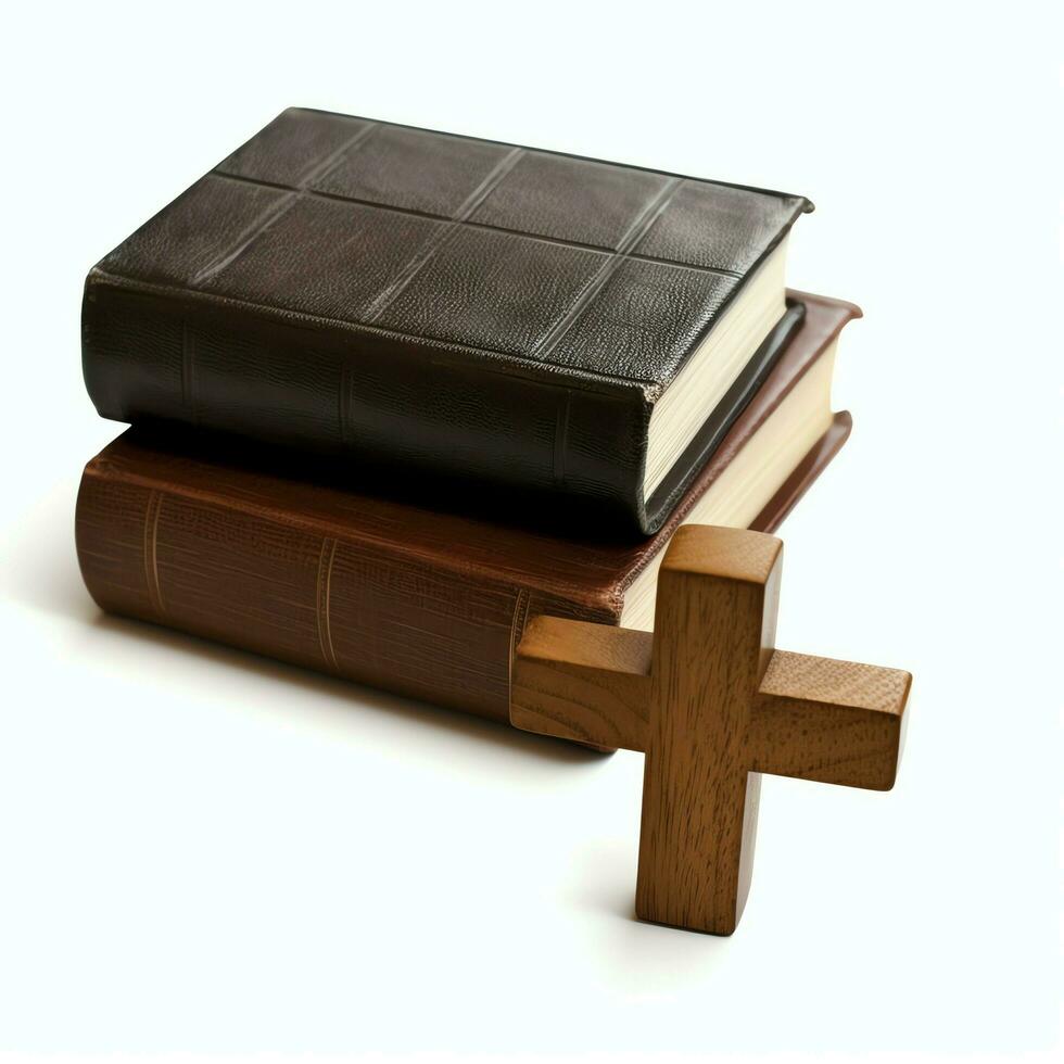 Close up of a holy bible and christian cross on wooden table. Happy good friday or religion concept by AI Generated photo